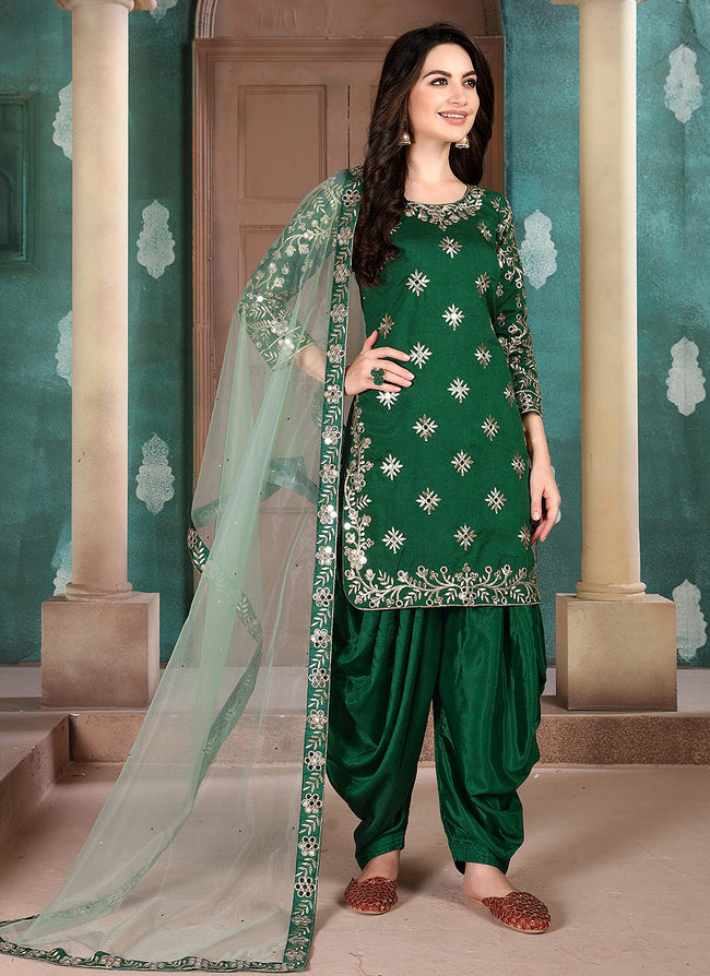 Indian Women Breathable And Comfortable Lightweight Green Color Cotton Punjabi  Suit at Best Price in Pune | Global Creations