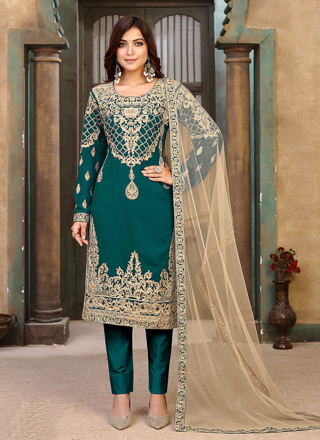Rama Green Zari Embroidered Pant Style Suit