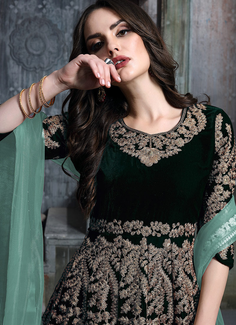 Green Golden Embroidered Indian Anarkali Suit, Salwar Kameez