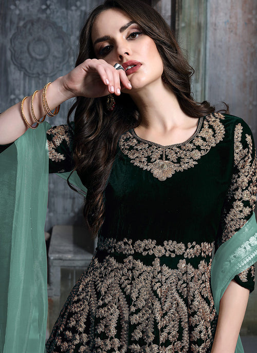 Green Golden Embroidered Indian Anarkali Suit, Salwar Kameez