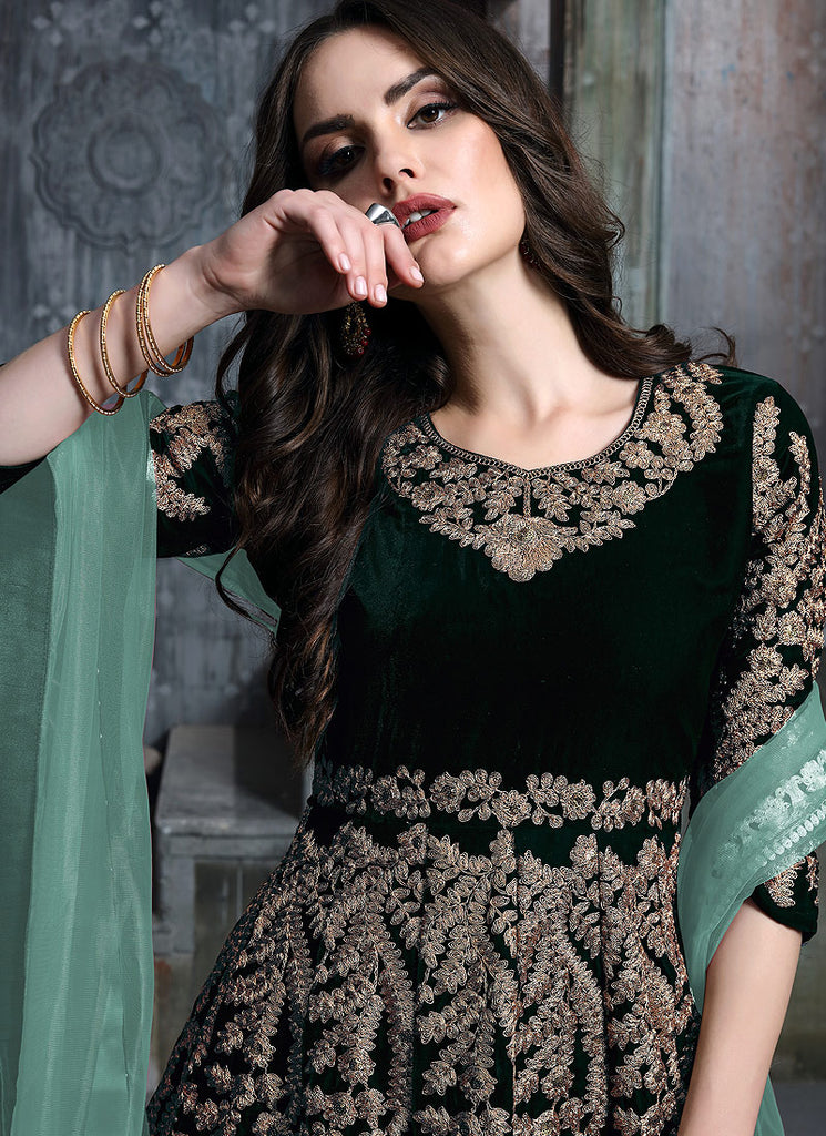 Green Golden Embroidered Indian Anarkali Suit, Salwar Kameez
