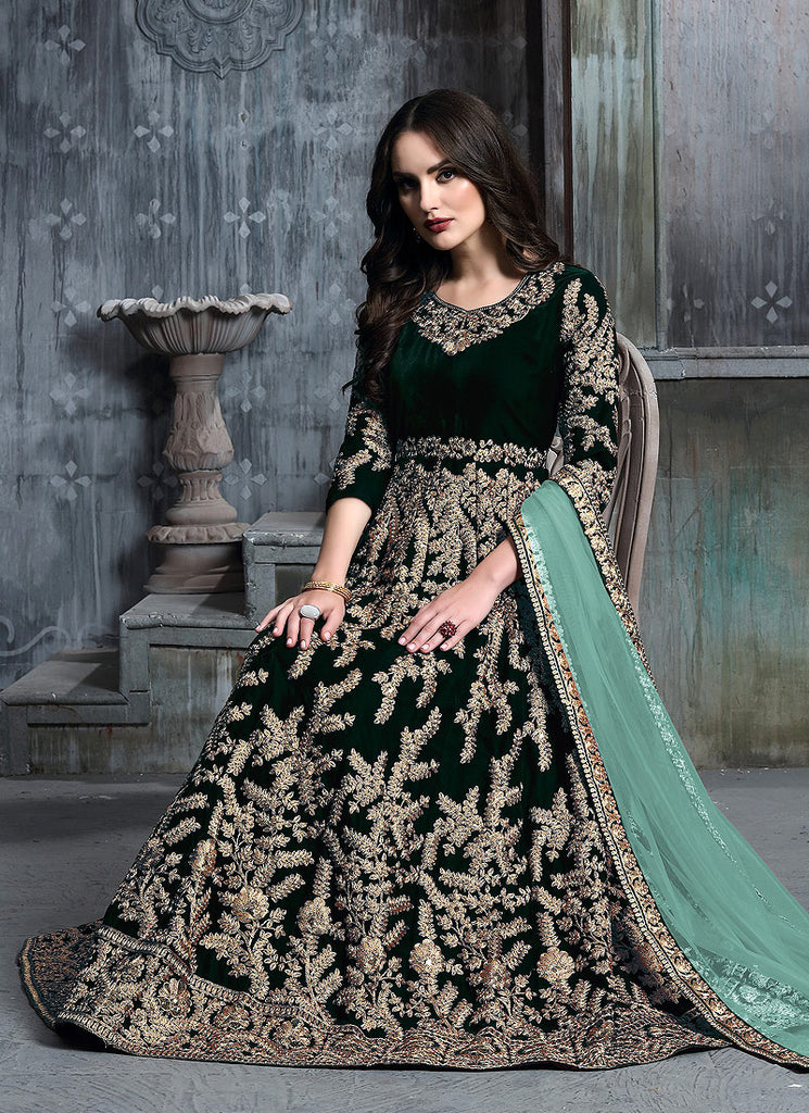 Green Golden Embroidered Indian Anarkali Suit