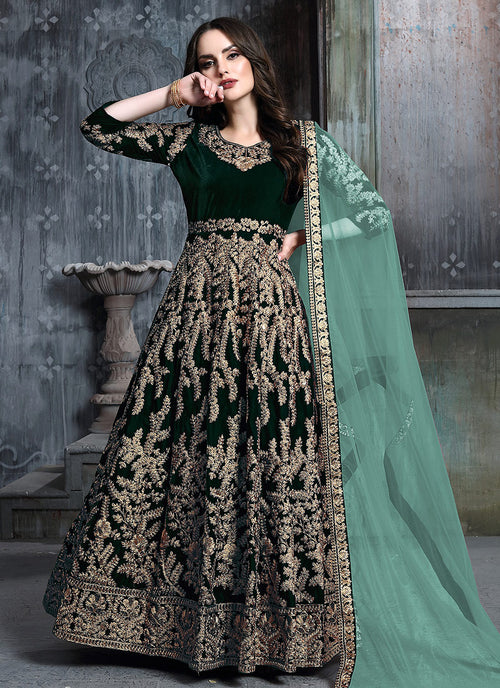 Indian Clothes - Green Golden Embroidered Indian Anarkali Suit