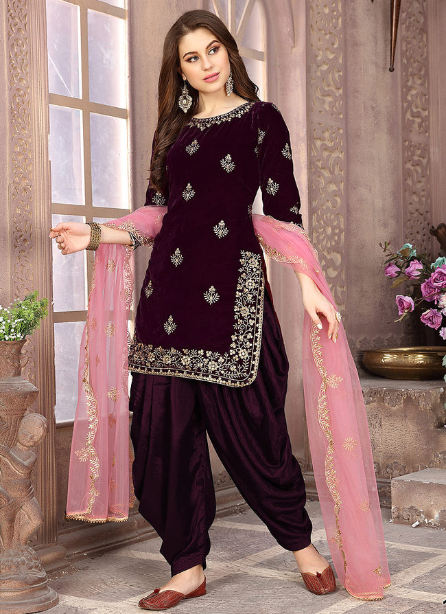 Plum And Pink Embroidered Salwar Kameez Suit, Salwar Kameez