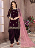 Punjabi Suits: Plum And Pink Embroidered Salwar Kameez