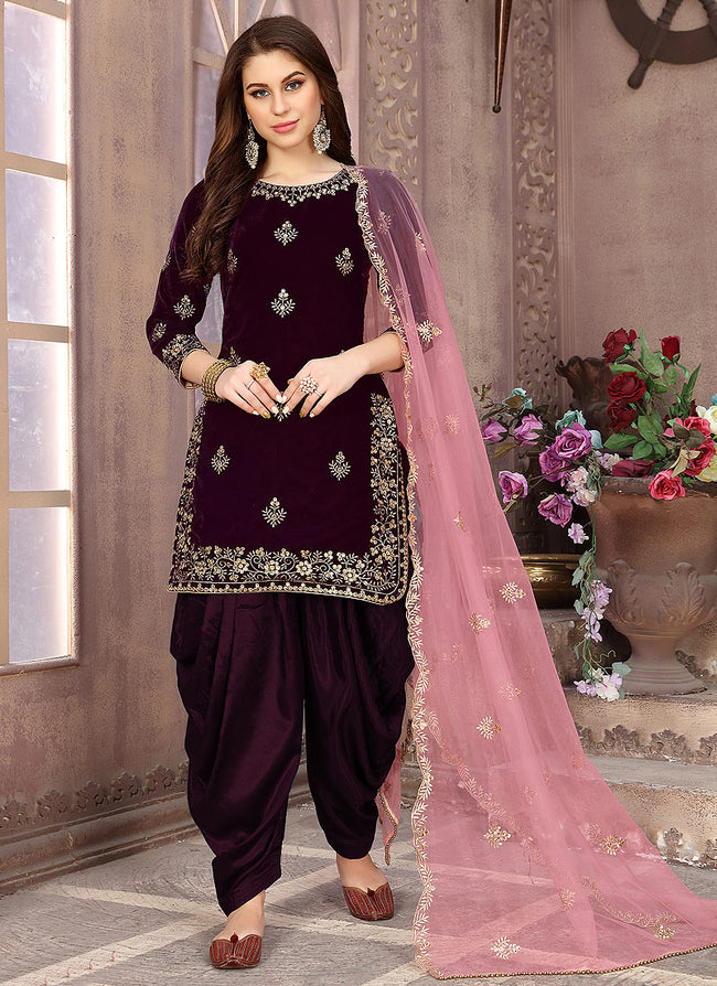 Punjabi Suits: Plum And Pink Embroidered Salwar Kameez