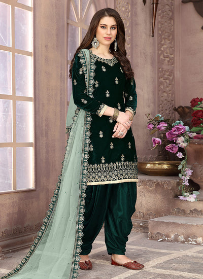 Indian Clothes - Dark Green Embroidered Salwar Kameez Suit