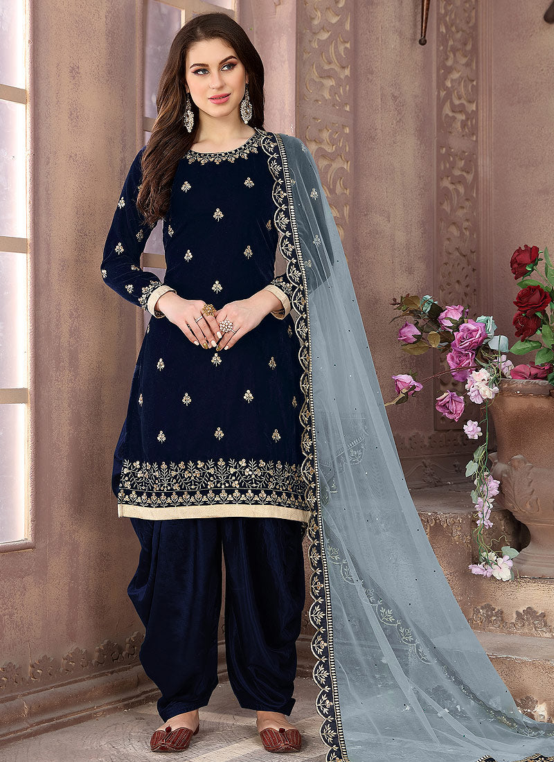 Shop Dark Blue Embroidered Straight Suit Party Wear Online at Best Price |  Cbazaar