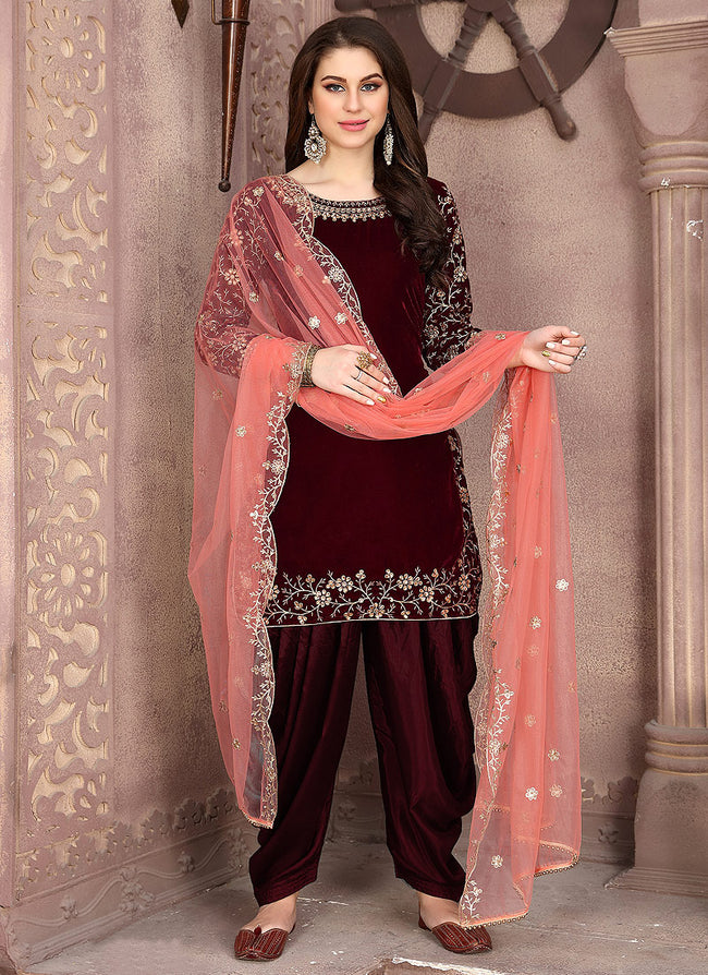 Indian Clothes - Maroon And Peach Embroidered Salwar Kameez Suit