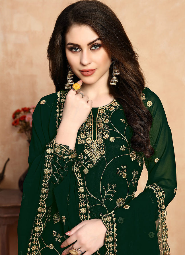 Green Golden Embroidered Designer Sharara Style Suit, Salwar Kameez