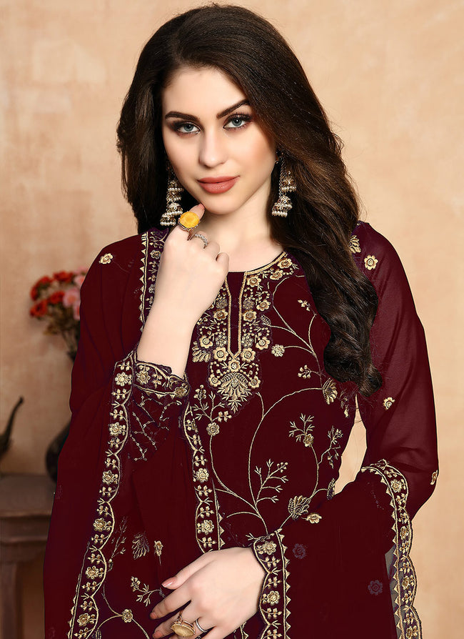 Red Golden Embroidered Designer Sharara Style Suit, Salwar Kameez