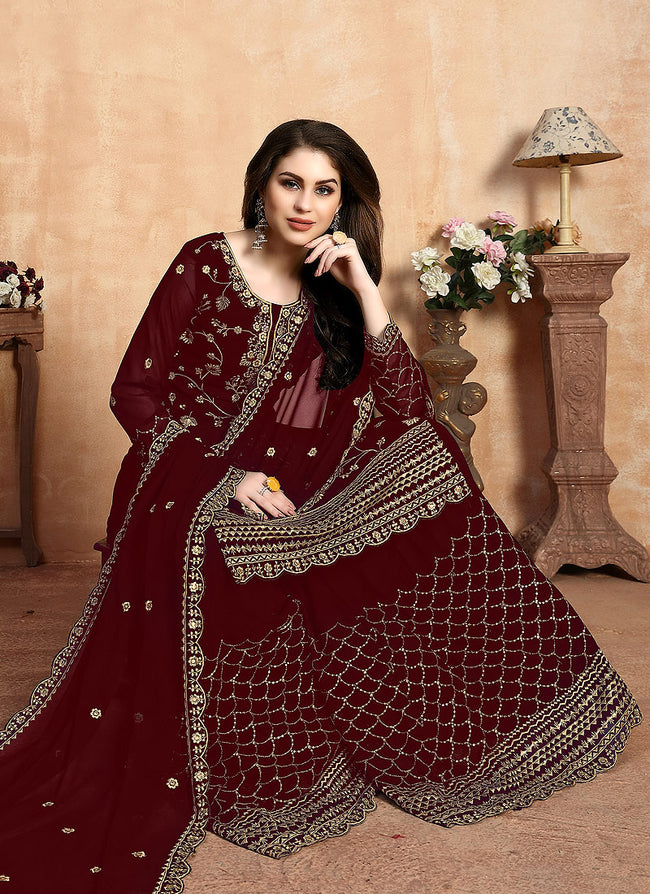 Red Golden Embroidered Designer Sharara Style Suit
