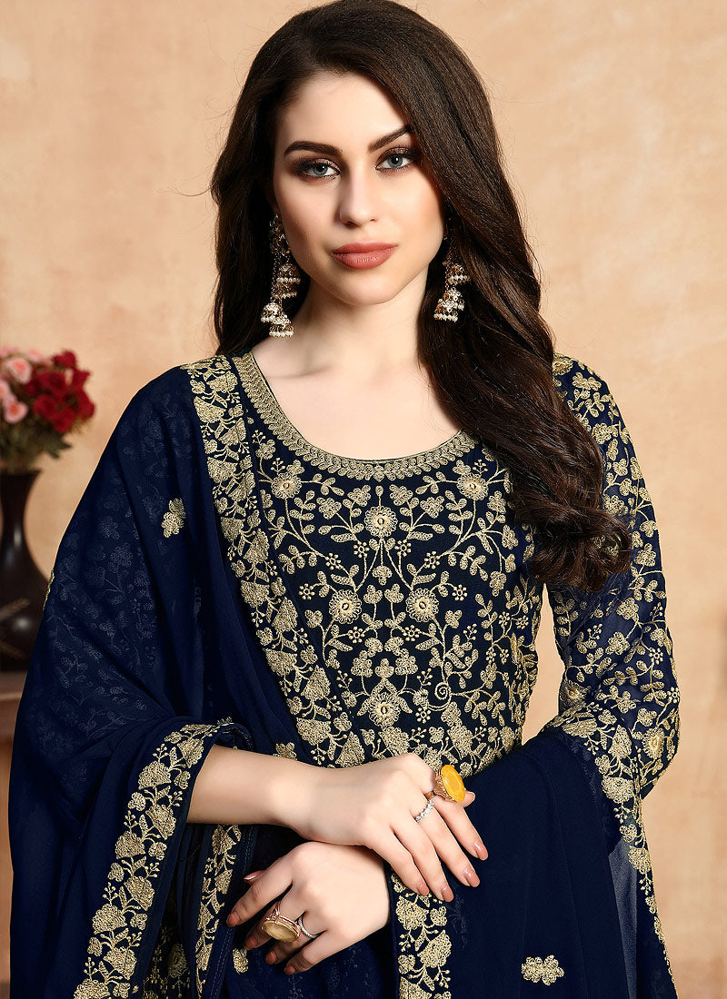 Navy Blue Zari Embroidered Designer Anarkali Suit,Salwar Kameez