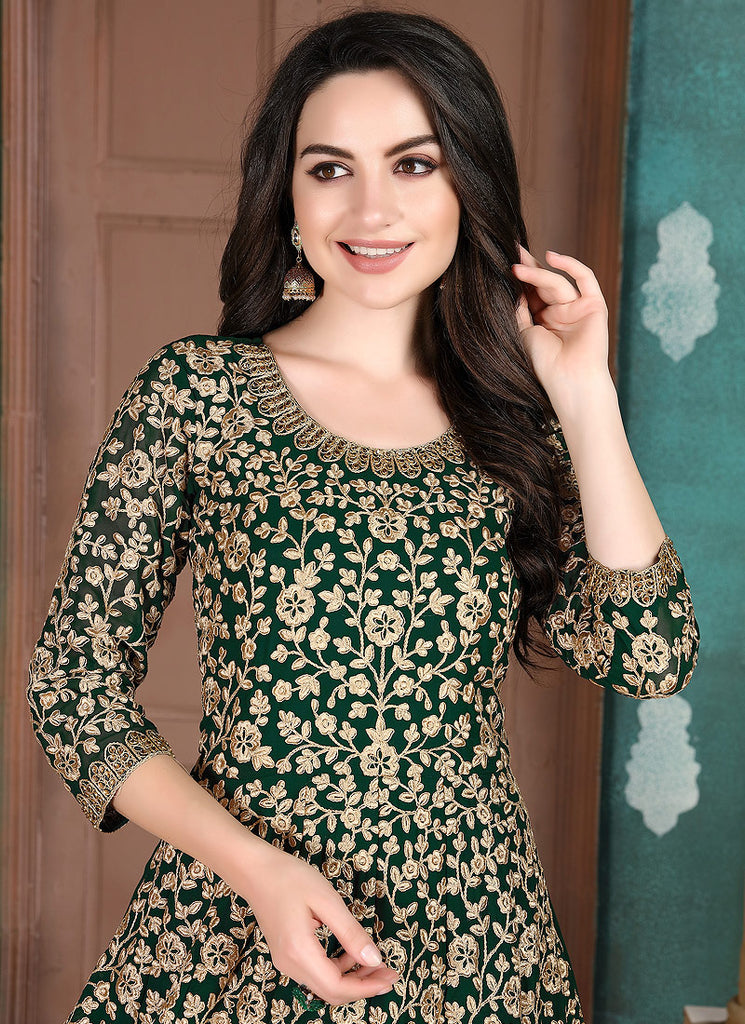 dark green indian dress Green Hand Embroidered Gown: Premium Indian Dress by Raas XL / Green