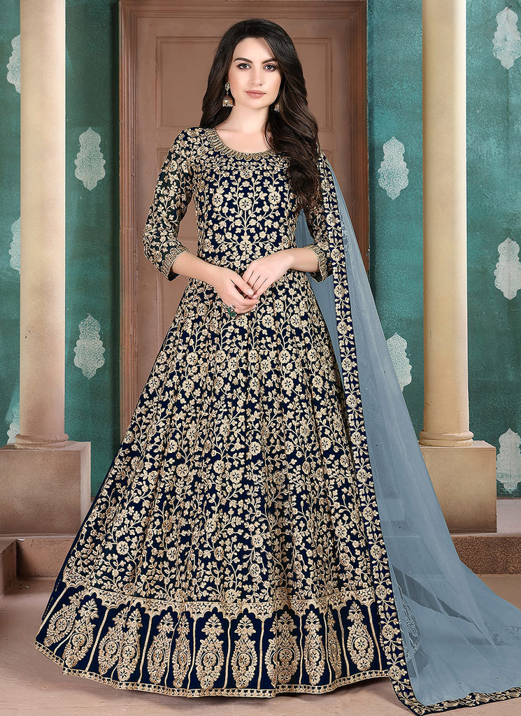 navy blue long anarkali dress Hand Embroidered Anarkali With Lehenga/dark Blue Anarkali Suit/georgette Anarkali Dupatta Usa/indian Dresses/navy Blue Anarkali Dupatta Set