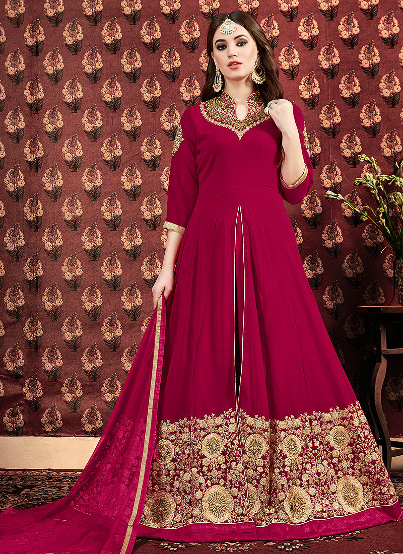 Pink Golden Georgette Slit Style Anarkali Pant Suit
