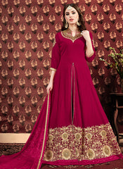 Pink Golden Georgette Slit Style Anarkali Pant Suit