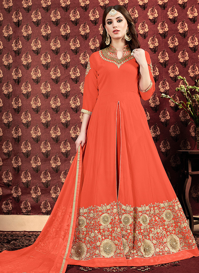 Orange Golden Georgette Slit Style Anarkali Pant Suit