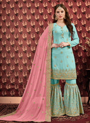 Blue And Pink Golden Georgette Gharara Suit