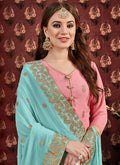 Pink And Blue Golden Embroidered Georgette Gharara Suit