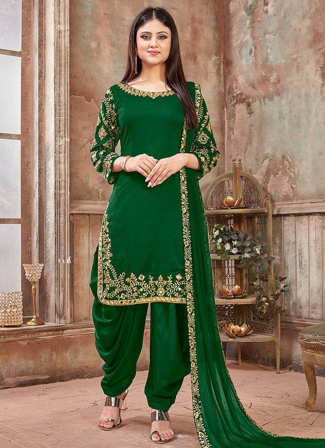 Green Embroidered Traditional Patiala Suit