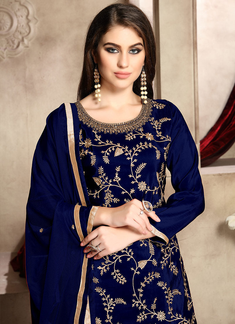 Buy Indian Blue And Golden Zari Embroidered Palazzo Suit for Women ...
