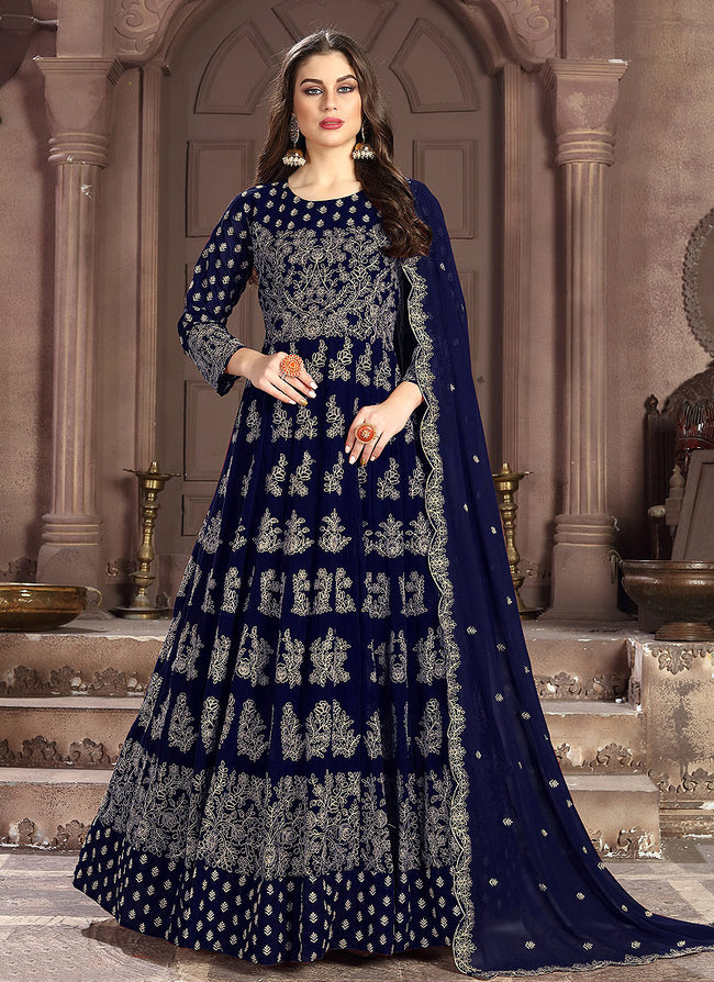 Indian Clothes - Dark Blue Embroidered Wedding Anarkali Suit