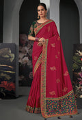 Red And Blue Embroidered Silk Saree