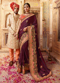 Plum Purple And Orange Zari Embroidered Saree