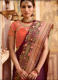 Plum Purple And Orange Zari Embroidered Saree