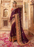 Plum Purple And Orange Zari Embroidered Saree