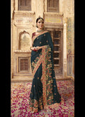 Dark Green And Red Zari Embroidered Saree