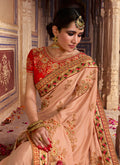 Peach And Orange Zari Embroidered Saree