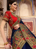 Dark Blue And Red Zari Embroidered Saree