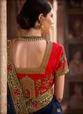 Dark Blue And Red Zari Embroidered Saree