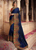 Dark Blue And Red Zari Embroidered Saree