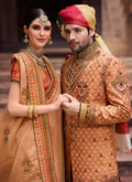 Golden Beige And Orange Zari Embroidered Saree