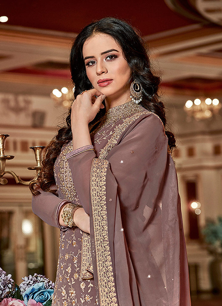 Mauve Golden Traditional Georgette Sharara Suit
