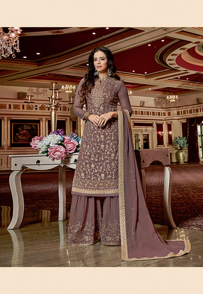 Mauve Golden Traditional Georgette Sharara Suit