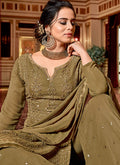 Olive Green Embroidered Georgette Sharara Suit