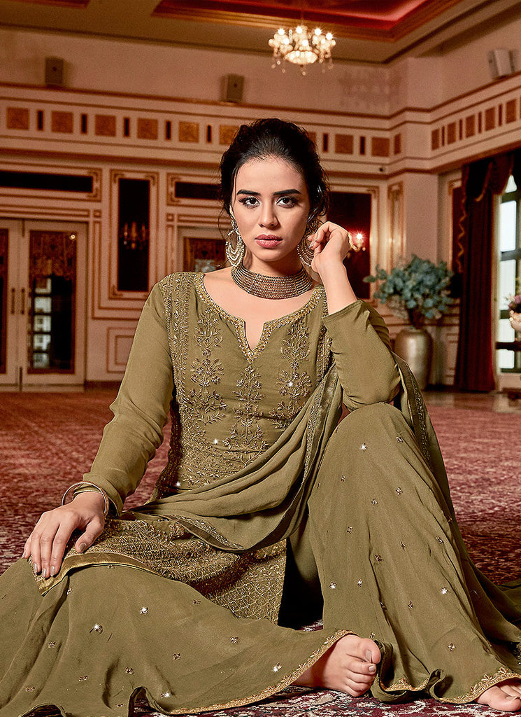 Olive Green Embroidered Georgette Sharara Suit