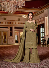 Olive Green Embroidered Georgette Sharara Suit