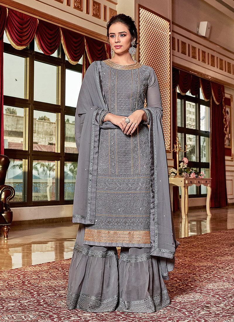 Deep Grey Embroidered Georgette Sharara Suit