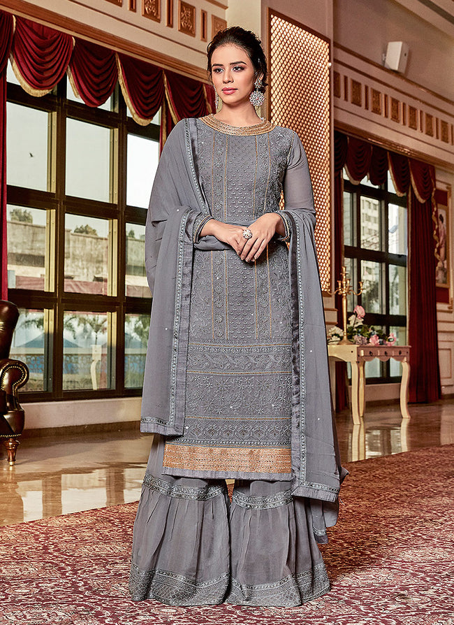 Deep Grey Embroidered Georgette Sharara Suit