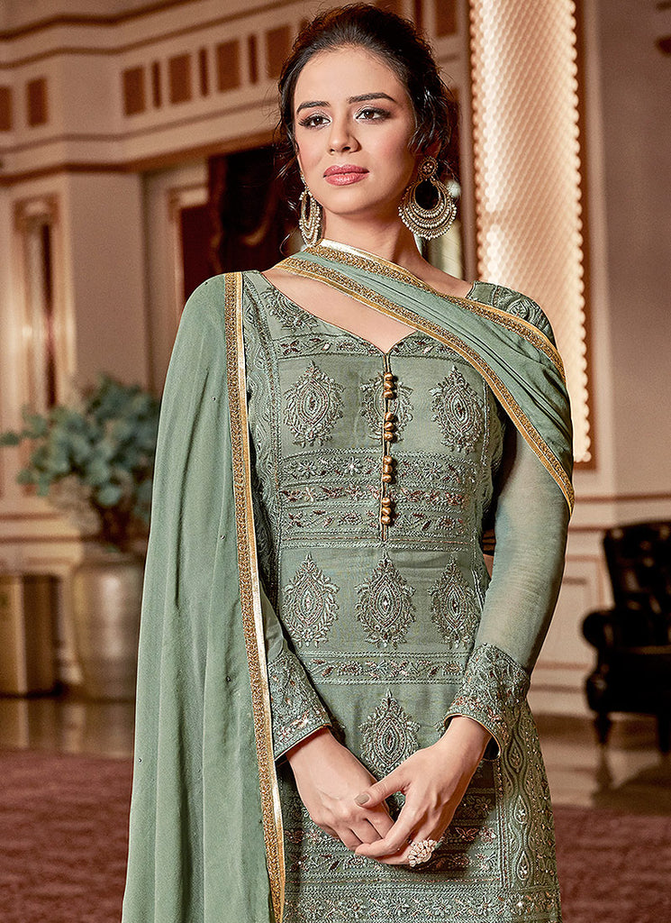 Deep Green Embroidered Georgette Sharara Suit