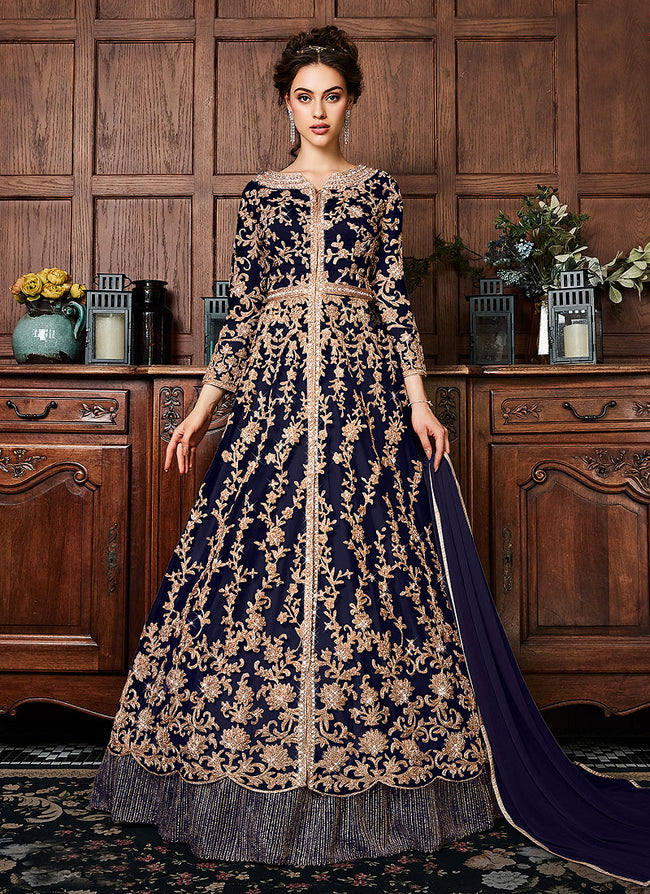 Blue Coppers Embroidered Wedding Lehenga Suit