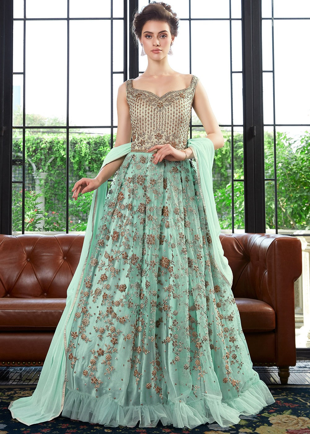 Aqua Blue Floral Party Wear Anarkali Suit