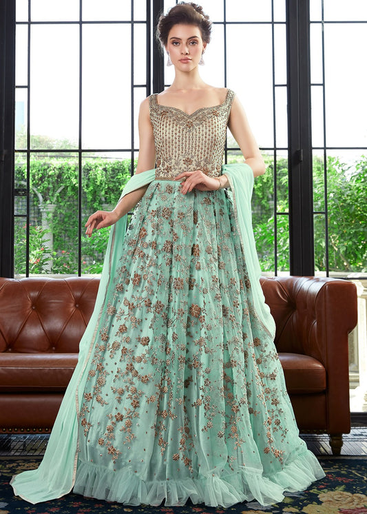 Aqua Blue Floral Party Wear Anarkali Suit
