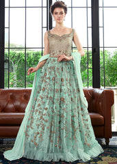Aqua Blue Floral Party Wear Anarkali Suit