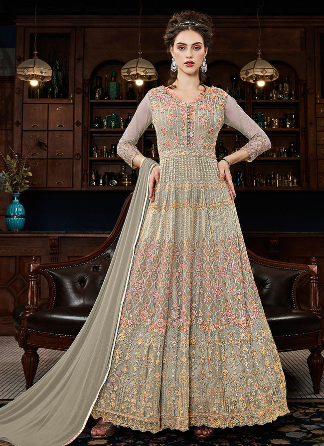 Grey Multi Embroidered Traditional Anarkali Gown